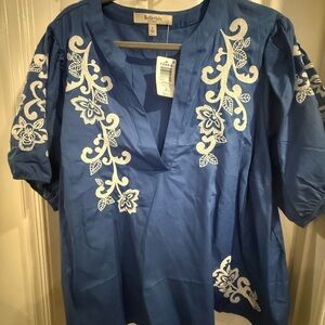 Torrid Blue Poplin Blouse w/ White Floral Embroidery